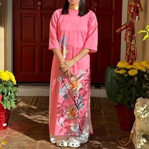 VIETNAMESE | Aó Dài Traditional Dress Pink White Floral Flower Shift Loose XS-S